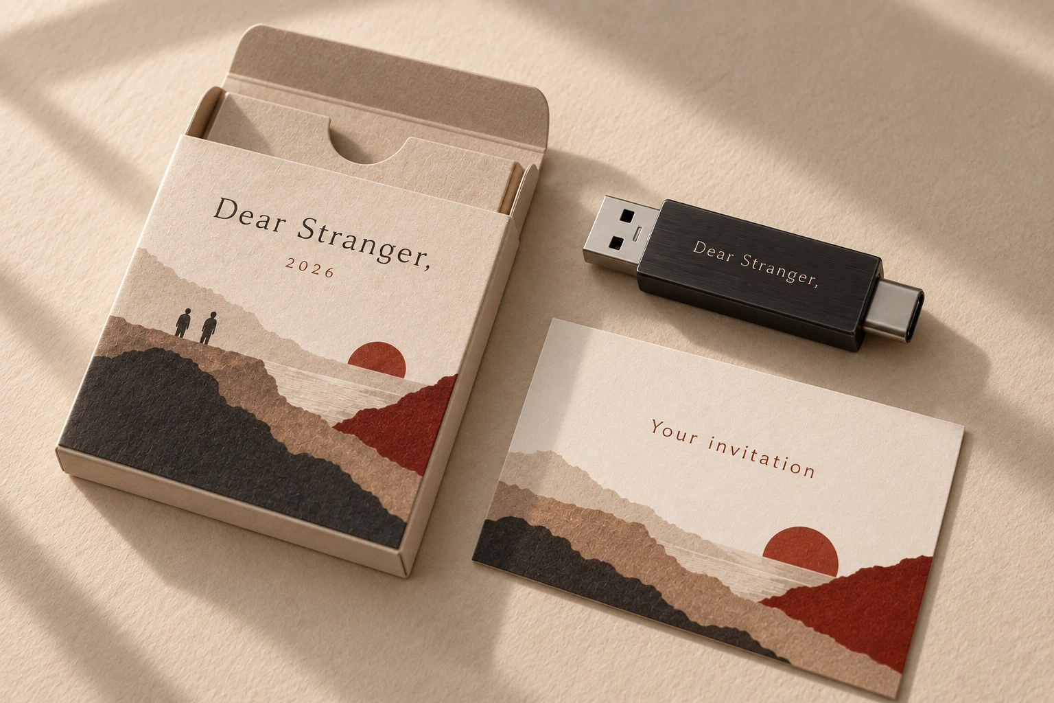 An illustrated paper sleeve and a dual USB-A and USB-C drive for the Dear Stranger, 2026 edition